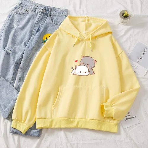Vista 2 de Sudadera con capucha de algodón casual con diseño de gato de dibujos animados Kawaii para mujer