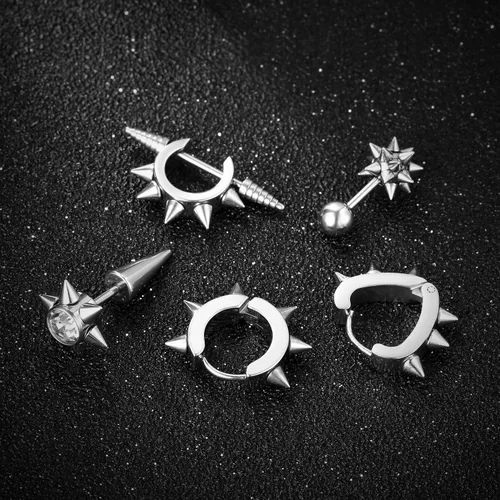 Vista 3 de Oidea Pendientes de aro en forma de corazón de remache punk de acero inoxidable al por mayor, aretes redondos de bola, hipoalergénicos, Acero