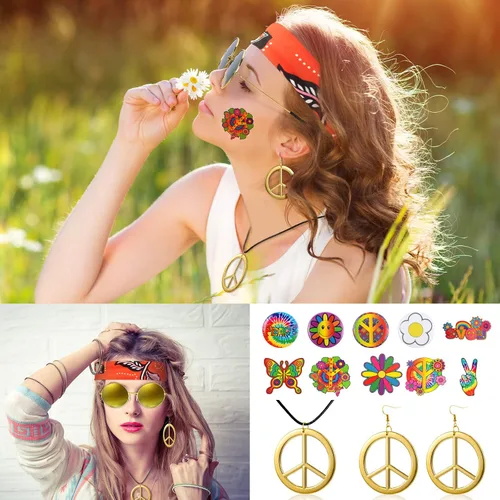 Vista 5 de Jiuguva Conjunto de 17 piezas de disfraz hippie de los años 60 y 70 para mujer, vestido de discoteca, pantalones bohemios, acampanados, camisa