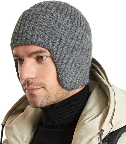 Vista 6 de Muryobao Gorro de invierno para hombre, con puños y orejeras, tejido elástico, gorro de punto para esquí