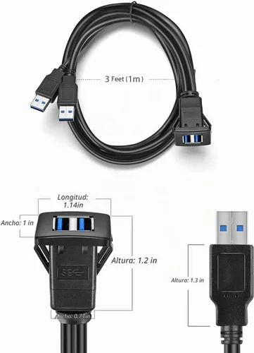 Vista 7 de USB 3.0 Cable de panel de extensión de montaje empotrado cuadrado doble, 3.3 ft Para coche, barco, motocicleta, 3 pies