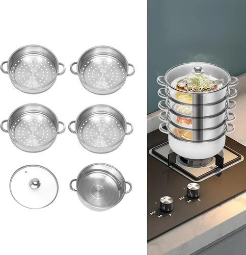 Vista 7 de Olla de vapor para cocinar, olla de vapor de acero inoxidable de 5 niveles de 10.2 in/10 pulgadas, utensilios de cocina de cocción de carne y 26 cm.