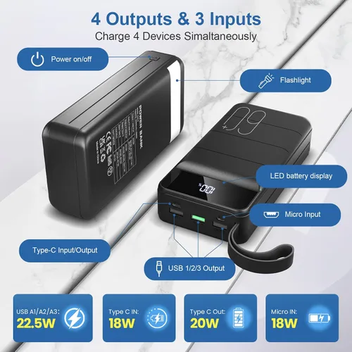 Vista 5 de Cargador portátil de 60000 mAh, carga rápida, 22.5 W, PD4.0 y QC 4.0 con cargador de batería USB C, cargador portátil de alta capacidad, cargador