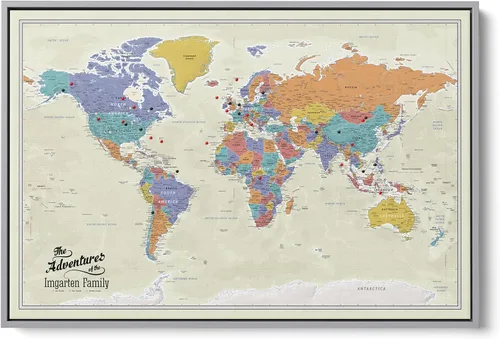 Vista 12 de Lienzo - Mapa de viaje personalizado del mundo Tan Oceans con chinchetas y marco blanco texturizado