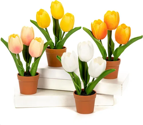 Vista 8 de 24 tulipanes rosas – Flores artificiales – Tulipanes artificiales de 13.5 pulgadas para el día de la madre, jarrón, centros de mesa, hogar, ramo
