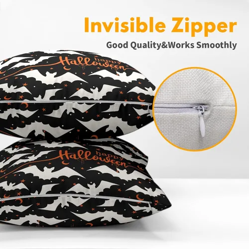Vista 3 de Happy Halloween - Juego de 2 fundas de almohada decorativas de lino y algodón negro con diseño de murciélago blanco de 16 x 16 pulgadas, fundas