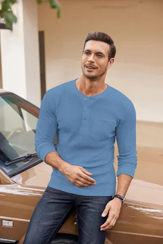 Vista 3 de COOFANDY Camisas Henley de manga larga para hombre con bolsillo