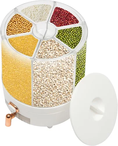 Vista 10 de Dispensador de arroz de 6 rejillas de 14 libras, dispensador de alimentos secos giratorio de 360°, dispensador de cereales de cocina, recipiente