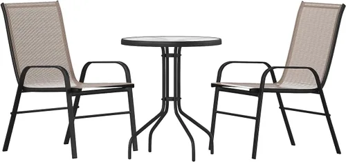 Vista 11 de Flash Furniture Brazos - Juego de comedor para patio al aire libre de 3 piezas, 2 sillas apilables flexibles color gris, mesa redonda de vidrio