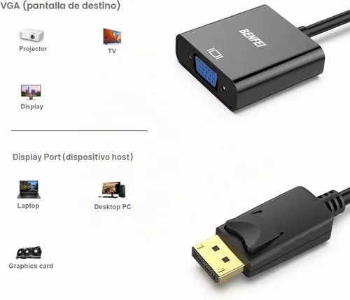Vista 3 de BENFEI Conversor DisplayPort a VGA, cable macho a hembra chapados para Lenovo, Dell, HP, ASUS. Adaptador de pantalla DP unidireccional a VGA 1080P
