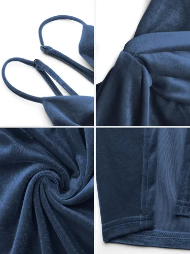 Vista 6 de Missufe Vestido cruzado de terciopelo sin mangas con tirantes delgados, cuello en V, para fiesta, cóctel, fruncido, con abertura, para mujer
