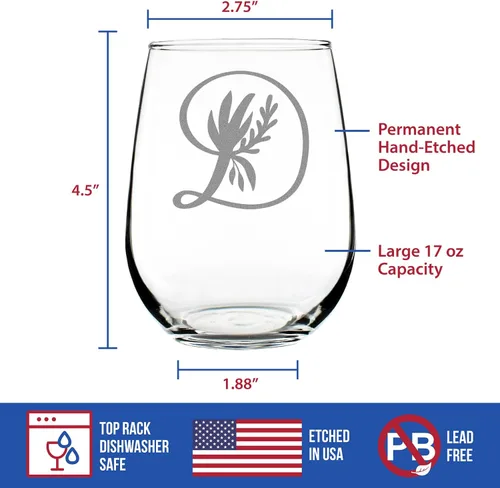 Vista 4 de Custom Monogram Floral Letter D - Personalized Stemless Wine Glass - Personalized Gifts for Women and Men - Large Engraved 17 Oz Glasses