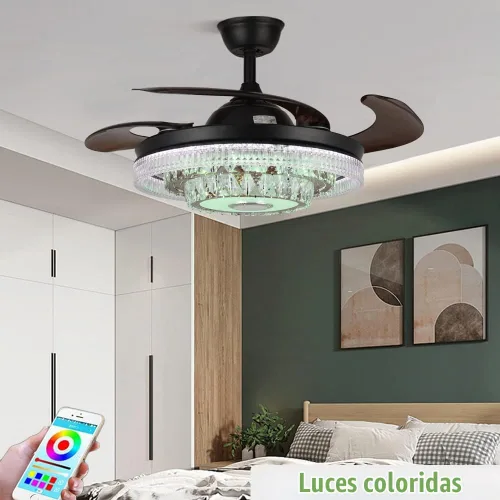 Vista 5 de Fandian Ventilador de techo inteligente moderno de 42 pulgadas con luces de control remoto, candelabro de cristal retráctil de inversa negra