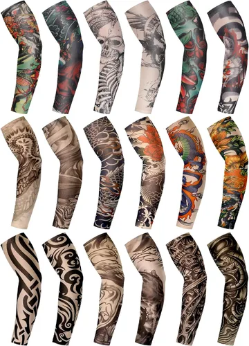 Vista 8 de Geyoga 18 piezas de mangas temporales de tatuaje para hombres mangas de brazo de enfriamiento protección UV sol antideslizante brazo cubierta