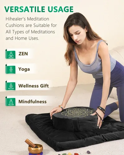 Vista 4 de Juego de cojín de meditación Hihealer grande de terciopelo para piso y cojín de yoga tibetano tradicional para adultos Zafu con relleno de trigo