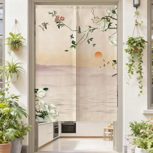 Vista 5 de MYRU Tapiz de cortina japonesa Noren para puerta (loto blanco, 33.5 x 59 pulgadas)