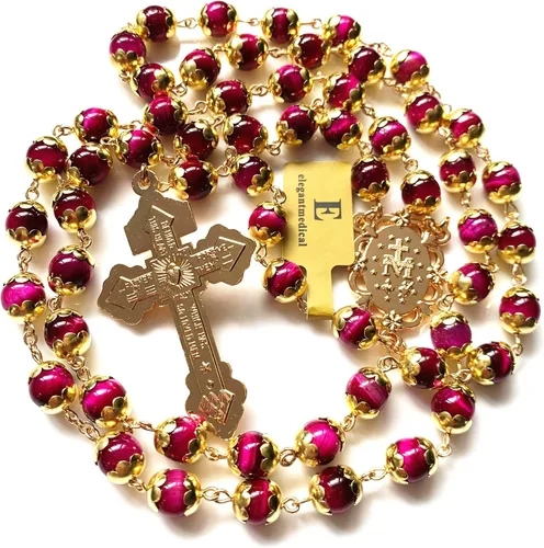 Vista 4 de elegantmedical Collar de cuentas de oración de ojo de tigre hecho a mano, rosario católico, crucifijo dorado, caja de regalo, Italia