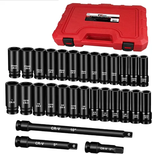 Vista 10 de YIYITOOLS Juego de 3 llaves de tuerca de impacto de 1/2 pulgada, enchufes profundos extra largos de 5.906 in, enchufes de pared delgados de 6 puntos