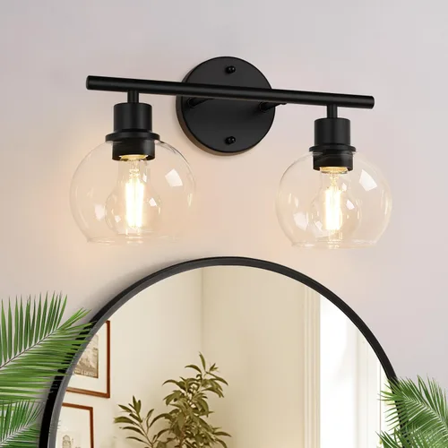 Vista 17 de Indoi Juego de 2 apliques de pared negros mate, lámparas de tocador de vidrio transparente con base E26, luces de pared reversibles arriba o abajo