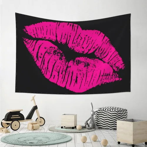 Vista 7 de KOSUES Tapiz de labios de beso rosa intenso de los 80 para colgar en la pared, fondo de pared para habitación, póster de arte estético