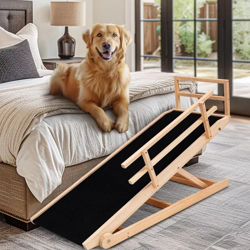 Vista 12 de Rampa para perros para cama, rampa de madera ajustable para mascotas de 46 Beige