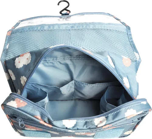 Vista 6 de Bolsa para productos cosméticos. Bolsa para colgar productos de tocador. Organizador de viaje, para hombre y mujer., Azul Flores)