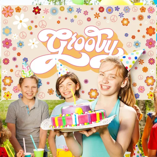 Vista 4 de Groovy - Pancarta de fondo para fiesta de cumpleaños, 6 x 3.6 pies, hippie para decoración de cumpleaños, diseño de margaritas, decoración bohemia