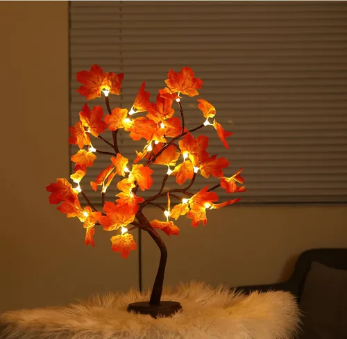Vista 7 de Árbol de arce artificial iluminado de otoño, 24 luces LED, decoraciones de Acción de Gracias, funciona con batería/USB, árbol pequeño preiluminado