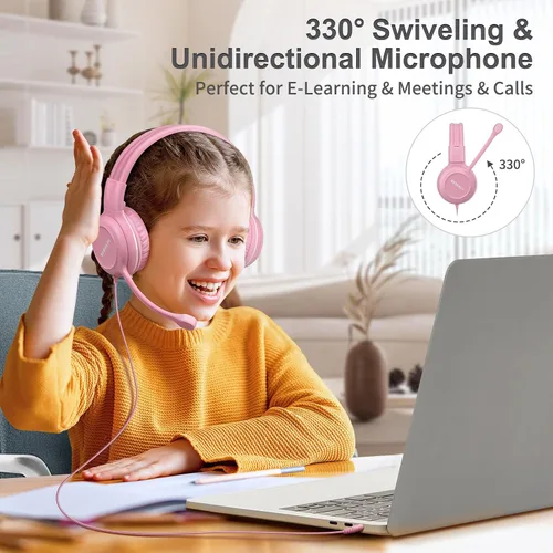 Vista 2 de SIMOLIO Audífonos para niños con micrófono para la escuela, auriculares con cable de 75/85/94 dB con micrófono retráctil para iPad, PC, laptop