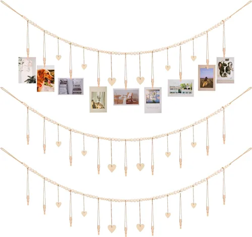 Vista 9 de KLOGTSIND Exhibición de fotos colgante con clips, 9 clips de madera, marcos de fotos bohemios, decoración de pared de collage, colgador de fotos