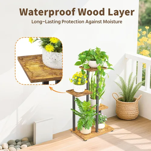 Vista 5 de LASZOLA Soporte de Madera de 4 Niveles en Negro para Plantas de Interior, Resistente y de Gran Capacidad, Estante de Flores Vertical de Múltiples