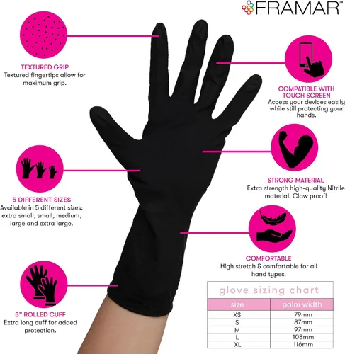 Vista 2 de FRAMAR Guantes negros desechables sin látex – Guantes de nitrilo extra pequeños negros, para tinte para el cabello, suministros de tatuajes