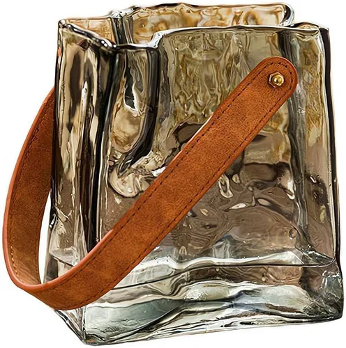 Vista 10 de Jarrón de cristal para flores, jarrones transparentes para centros de mesa, florero de bolsa con mango de cuero para decoración de bodas