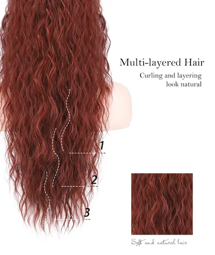 Vista 4 de Extensión de cola de caballo de 26 pulgadas de largo, color negro, para mujer, extensiones de cabello sintético largo rizado ondulado con clip