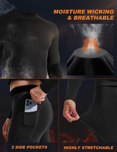 Vista 5 de Heathyoga Conjunto de ropa interior térmica para hombre, con forro polar, capa base, parte superior, ropa interior térmica de invierno para hombre