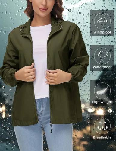 Vista 3 de Avoogue Chaqueta impermeable para mujer, ligera, plegable, con capucha, rompevientos para exteriores Verde militar