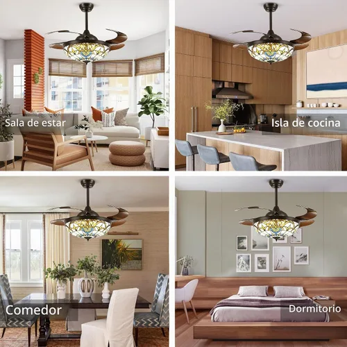 Vista 6 de Ventiladores de techo Tiffany de 42" con luces, ventilador de techo de vidrio manchado, ventilador de techo retráctil con candelabro y control