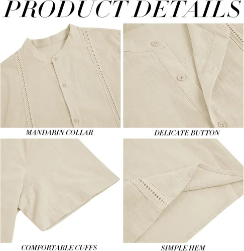 Vista 5 de Lakimani Camisa Henley de lino de algodón para hombre, manga corta, rayas verticales, ajuste regular, camisas de verano
