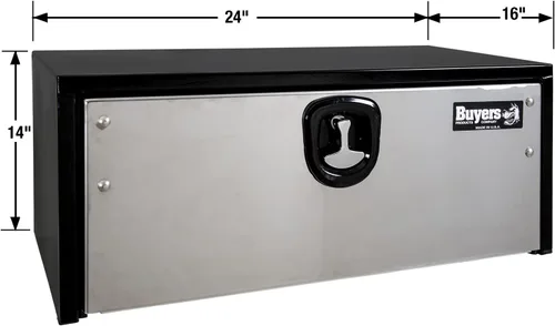 Vista 2 de Buyers Products 1703700 - Caja de almacenamiento para debajo del camión de acero negro con puerta de acero inoxidable pulido plateado, 14 x 16 x 24