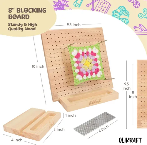 Vista 2 de Olikraft Tabla de bloqueo de ganchillo de 9.5 pulgadas con clavijas, 15 pines, tablas de bloqueo cuadradas de abuela para proyectos de ganchillo