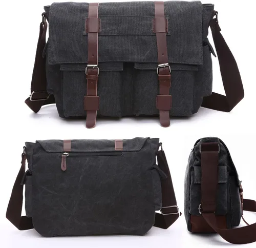 Vista 2 de Bolsa de mensajero de lona militar, bolsa de hombro para laptap para hombres, bolsa de trabajo cruzada, bolsa de negocios casual