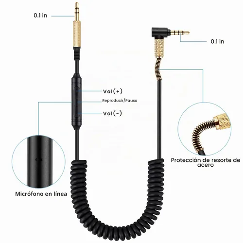 Vista 6 de Studio3 - Cable de audio en espiral para auriculares Beats Studio Pro, Solo4, Solo3, 8 pies Micrófono en línea de 0.138 in y cable de auriculares
