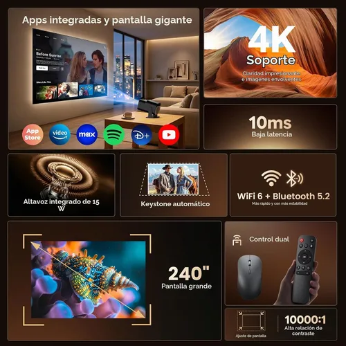 Vista 2 de Mini proyector con WiFi y soporte Bluetooth 4K y proyector inteligente Negro