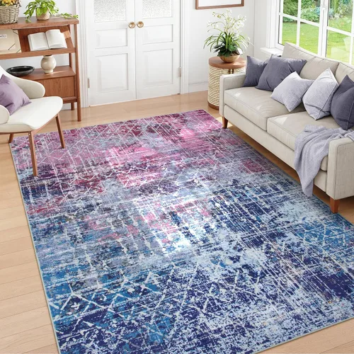 Vista 12 de Zealude Alfombra abstracta lavable para sala de estar, de 5 x 7 pies, color verde azulado y naranja, alfombra bohemia antideslizante, moderna