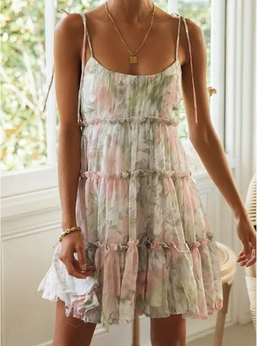 Vista 2 de Mansy - Vestido corto de verano para mujer 2025, estampado floral, estilo bohemio, fluido, skater, manga corta, con volantes, con tirantes delgados