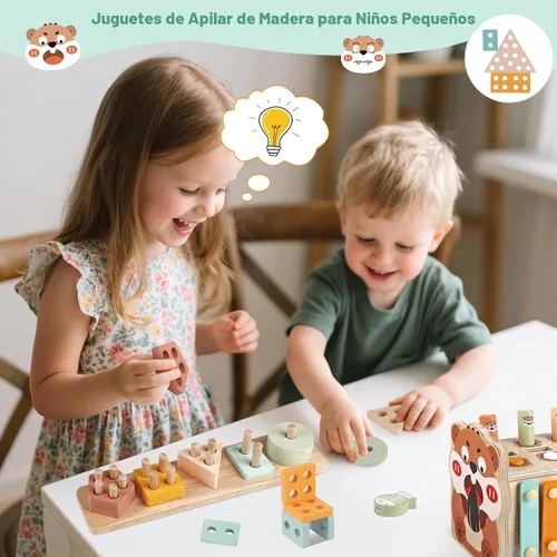 Vista 5 de Juguetes de madera Montessori para niños pequeños de 1 a 3 años, juguete de martillado y golpeo para bebés con xilófono y juego de pesca, pista
