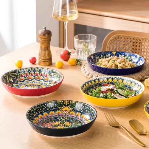 Vista 7 de Henten Home Juego de 6 cuencos de porcelana para pasta de 32 onzas, cuencos de cerámica para sopa, cereales, frutas, estilo bohemio, aptos