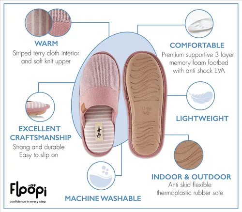 Vista 3 de Floopi Pantuflas para la casa para mujer, pantuflas de punto acanalado suave con espalda cerrada para mujer, múltiples capas de espuma viscoelástica