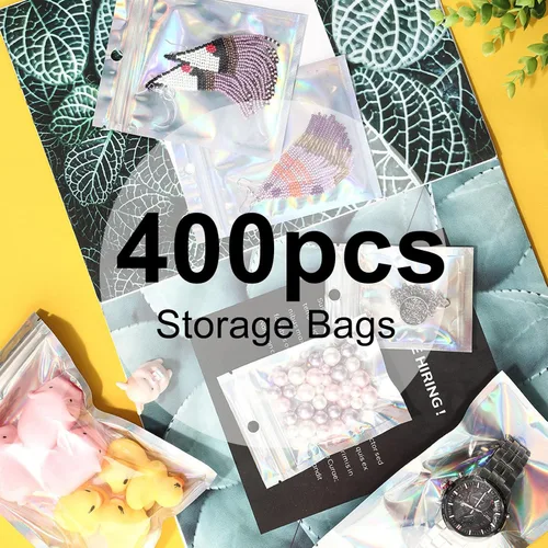 Vista 4 de Paquete de 400 bolsas holográficas de Mylar resellables de 4 tamaños con ventana para almacenamiento de alimentos, galletas, dulces, joyas y oficina