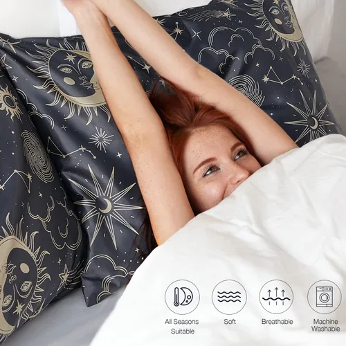 Vista 5 de EXQ Home - Funda de almohada de satén para cuidar el cabello y la piel, tamaño estándar, de seda con estampado negro, juego de 2 fundas con cierre